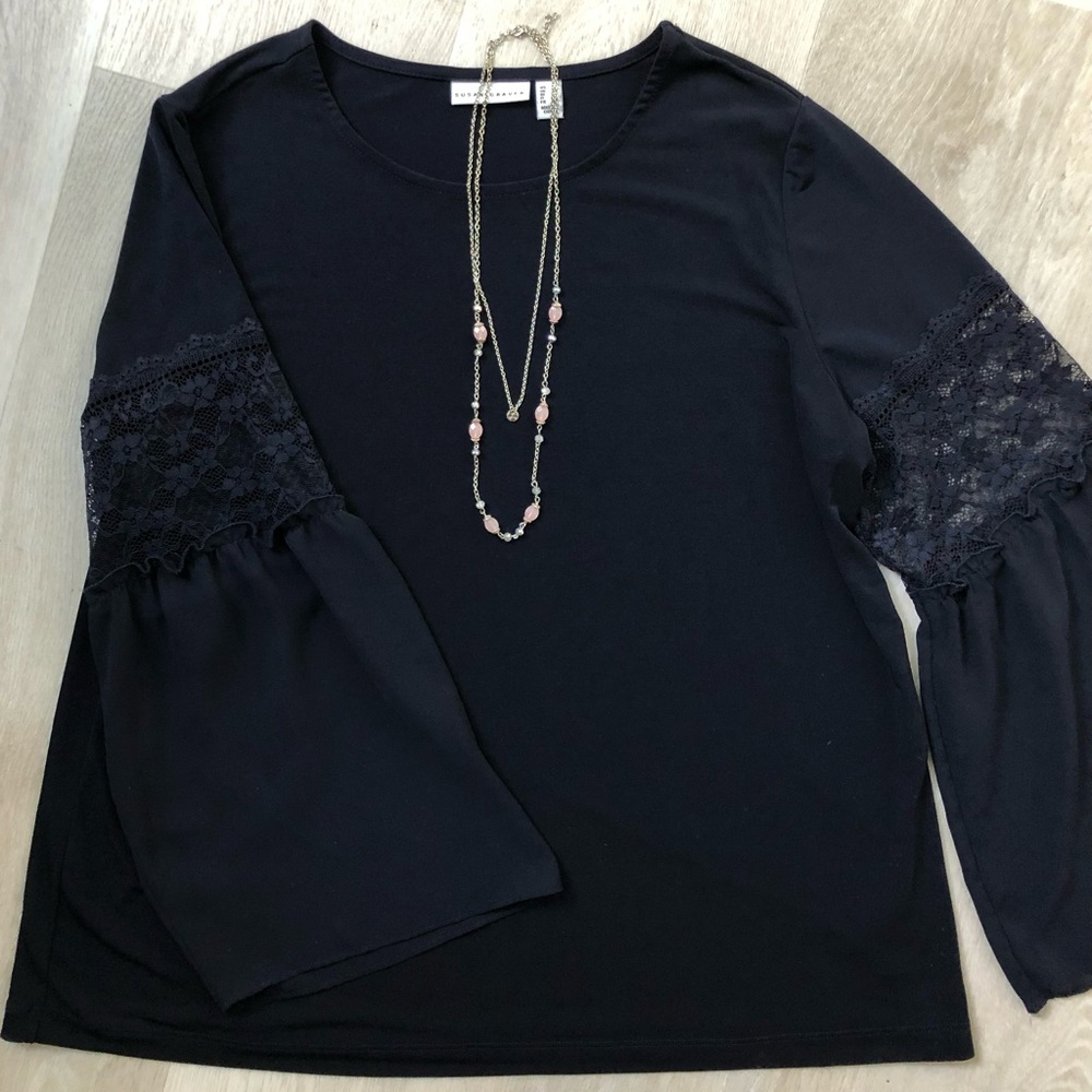Susan Graver Navy Lace Bell Sleeve Liquid Knit Top Size Large - Picture 4 of 5
